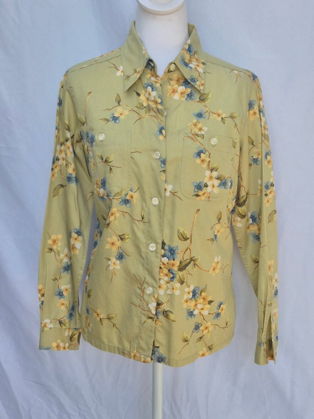 LIZ CLAIBORNE Floral 100% COTTON Button Down Women's Top Shirt Green Size P